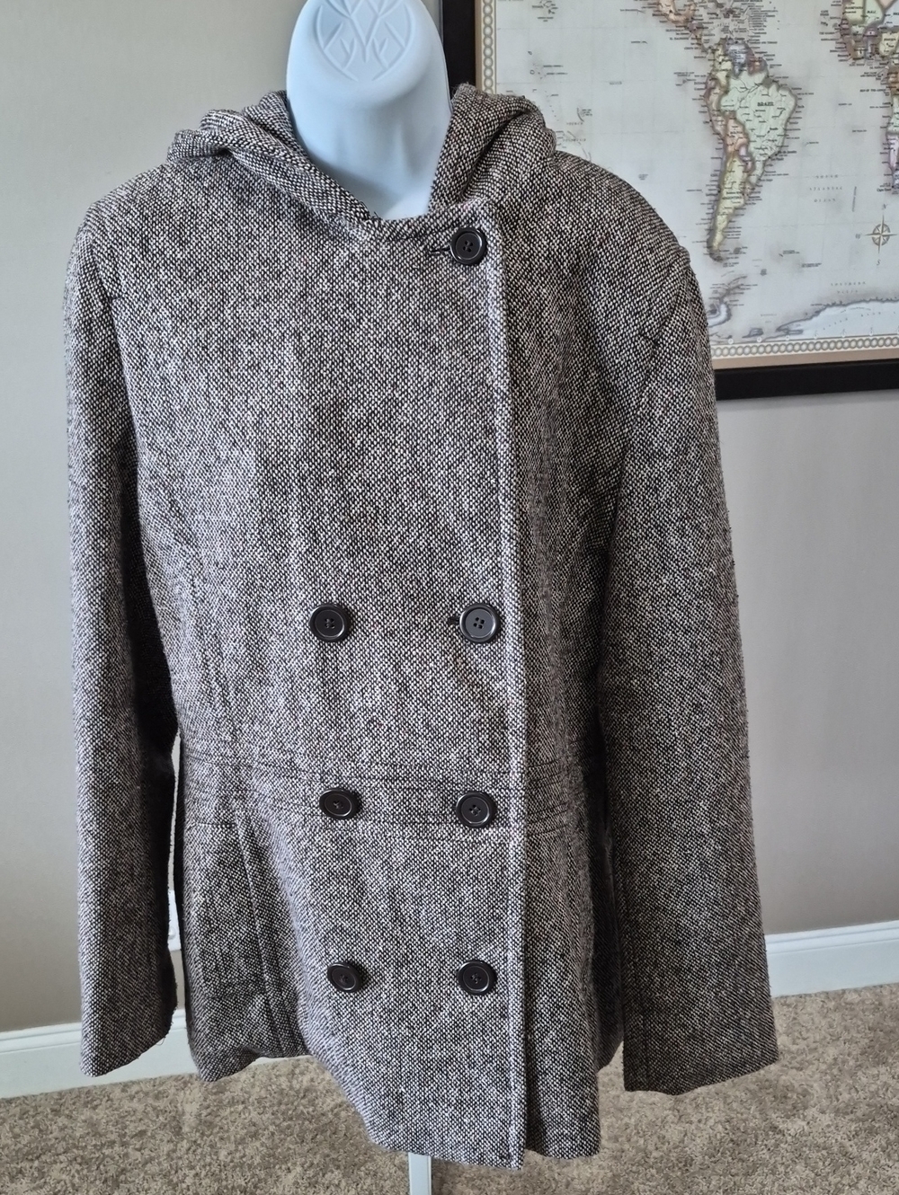 Braetan Women's Double-Breasted Wool Blend Hooded Pea Coat in Brown & Tan Size L